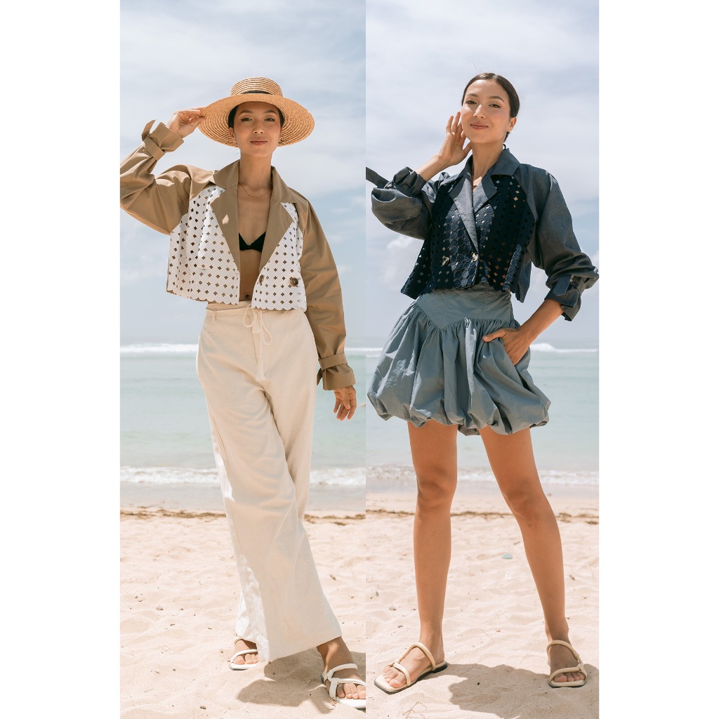 EESOME Petra Outer (Camel-White & Navy) / Crop Jaket Lace Premium Wanita Lengan Panjang Korean Style