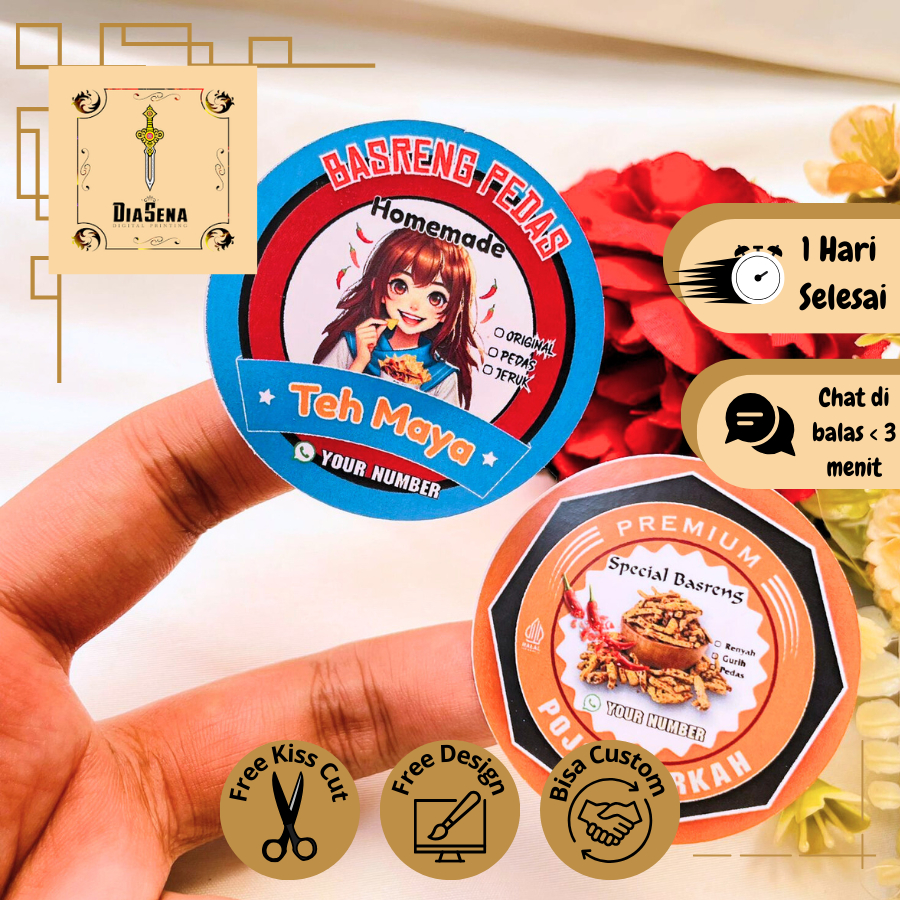 

2-4 Diasena Sticker Print Label Makanan Basreng Free Desain Cemilan Custom Nama Sticker Chromo