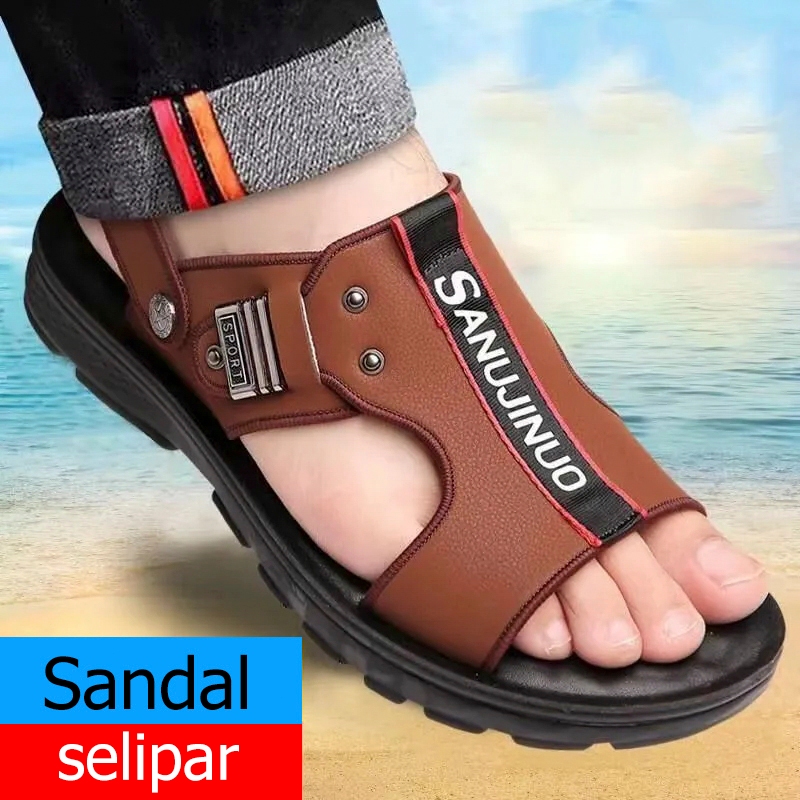 Sandal Musim Panas Sepatu Pantai Anti Slip Sol Lembut Kulit Asli Pria Sandal Sendal Berkendara Ganda