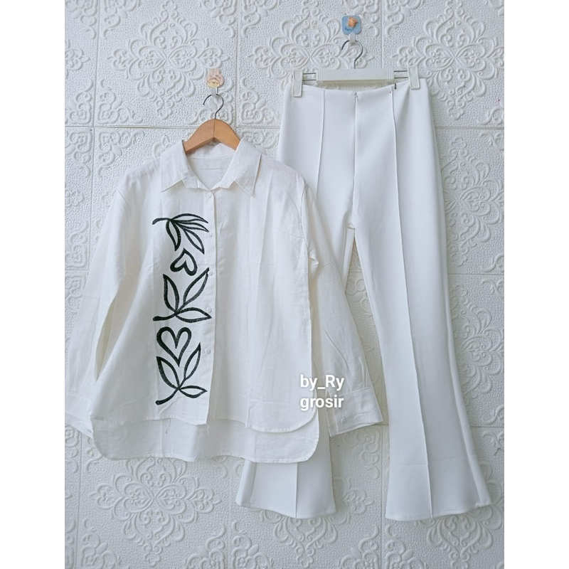 Setelan Wanita Aisyah Blus Katun Linen Celana Cutbray Scuba Polos