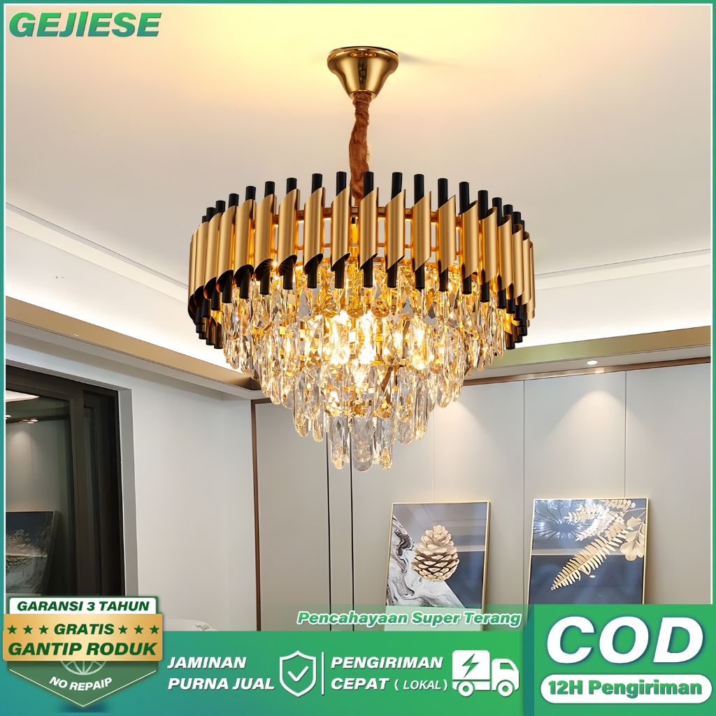 COD Lampu Gantung Kristal Tamu Mewah Emas LED Ruang Tamu 3 Warna 50CM Lampu Gantung Kristal Hias