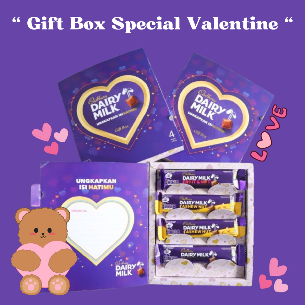 

Cadburry Dairy Milk GIFT BOX VALENTINE - Coklat Cadburry Spesial - Isi 4 Coklat Batang - Kado Spesial Valentine