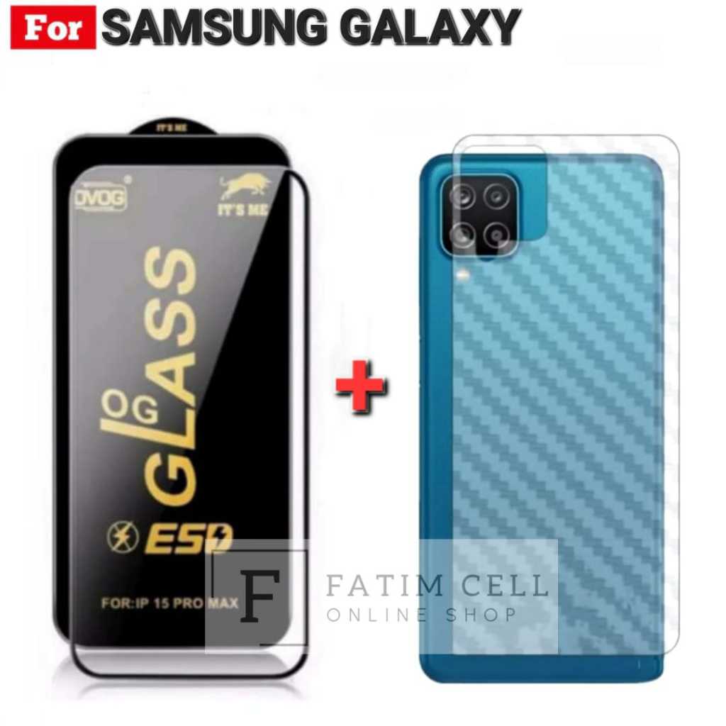 Paket 2in1 Samsung Galaxy A12 Tempered Glass Anti Static + Skin Carbon 3D