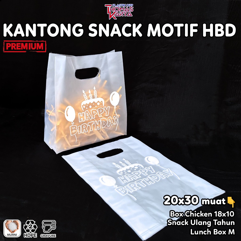 RN Plastik Ultah 20x30 Happy Birthday Putih Isi 50 Tas Bingkisan Snack Ulang Tahun HBD Softhandle