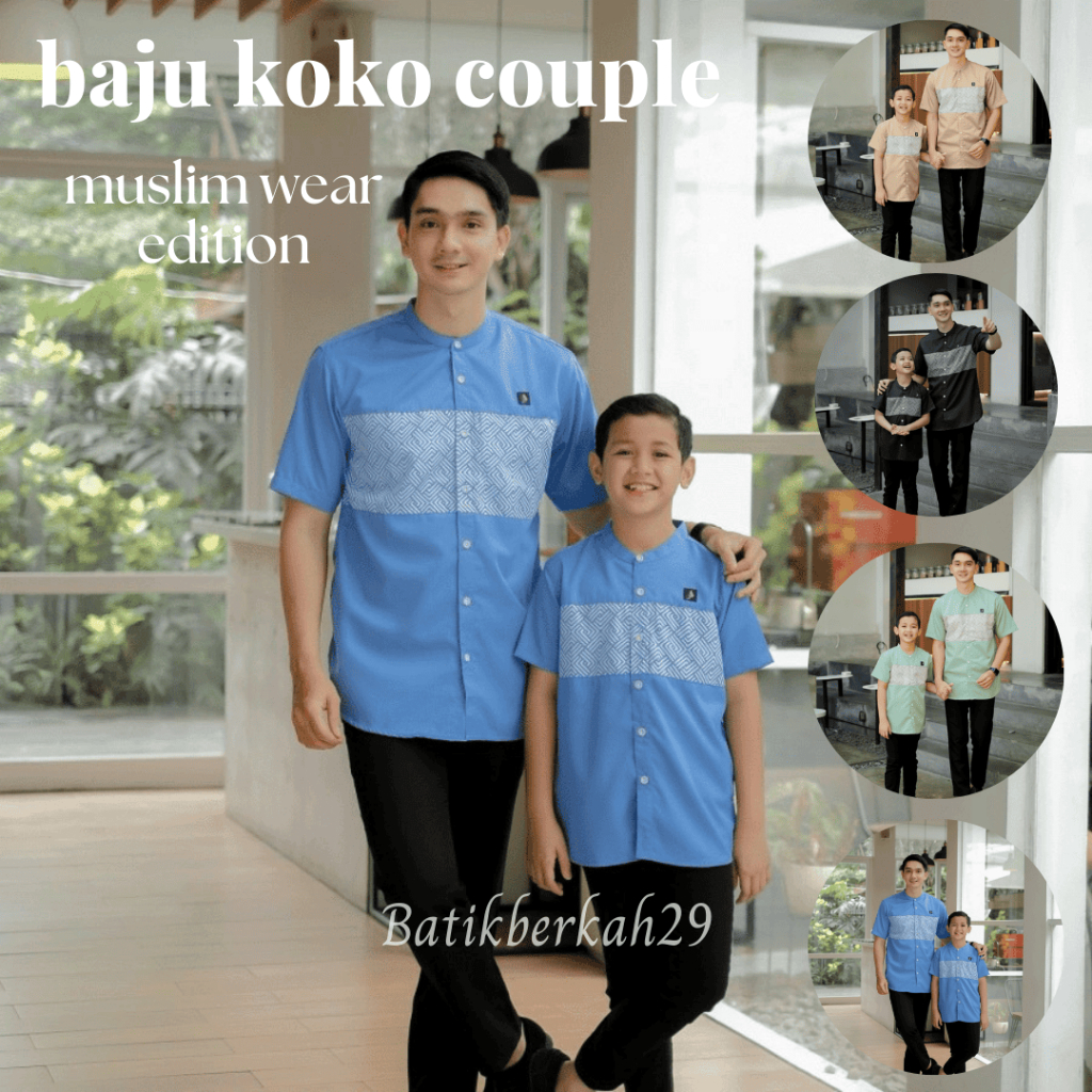 Baju Koko Kurta Couple Ayah & Anak Umur 4-12 Tahun Lengan Pendek - Motif Raudha - Bahan Katun Rekome