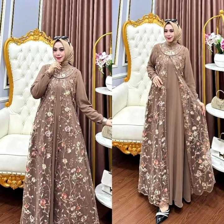 Diandra Dress Bahan Ceruty Babydoll Mix Tille Garden Aplikasi Payet Mewah Gamis Cantik Kondangan Ter