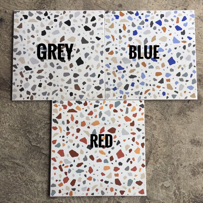 keramik warna warni 40x40 lantai dinding glossy teras kilap kwA terazo red merah abu grey blue biru 