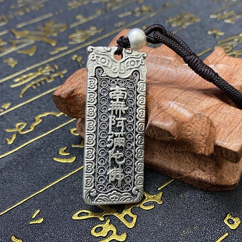 Kalung Liontin Tulisan China Silver /Kalung Amo persegi panjang kotak pria