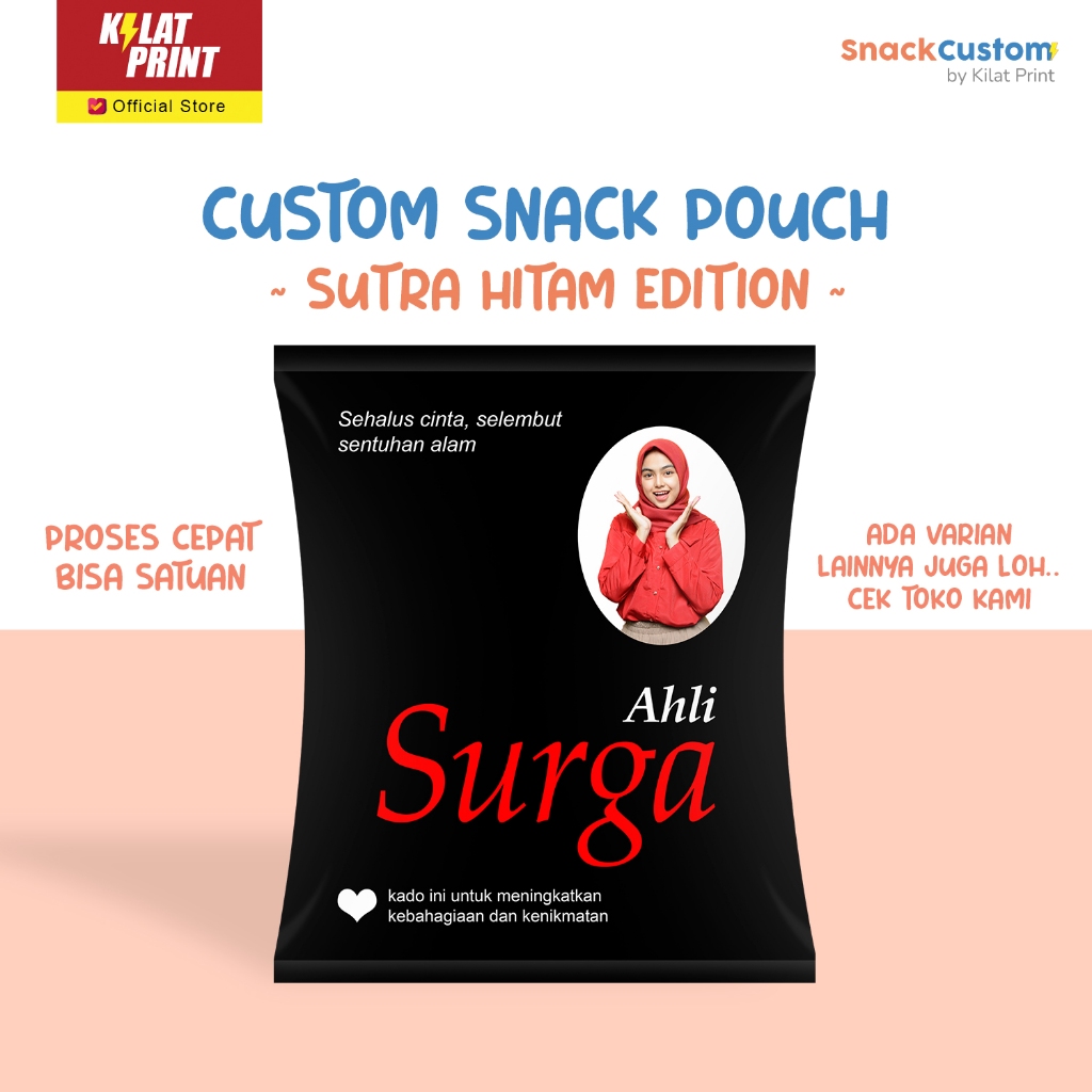 

Snack Custom Foto Teks Bungkus Pouch Jumbo Ala Sutra Hitam