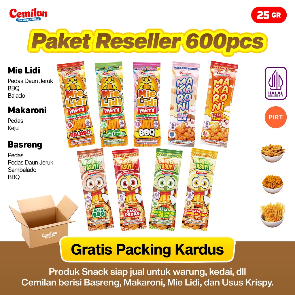 

Paket Usaha 600pcs Reseller Snack Cemilan Murah Indonesia - Makaroni Basreng Mie Lidi - Food Halal Renyah Gurih Asin Goreng Pedas