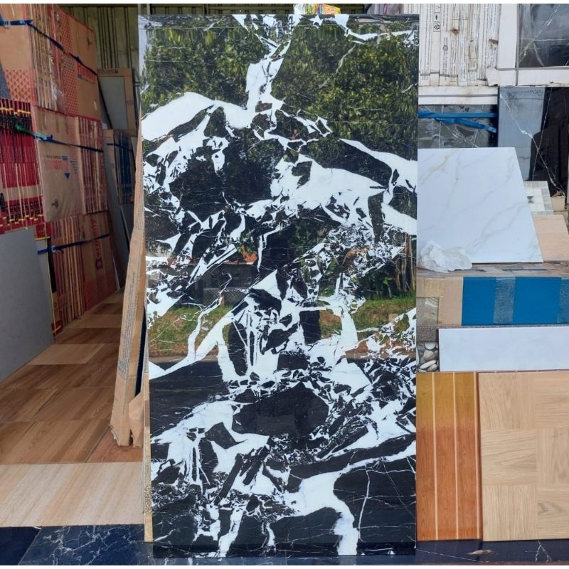 granit lantai glosy uk 60x120 hitam corak putih