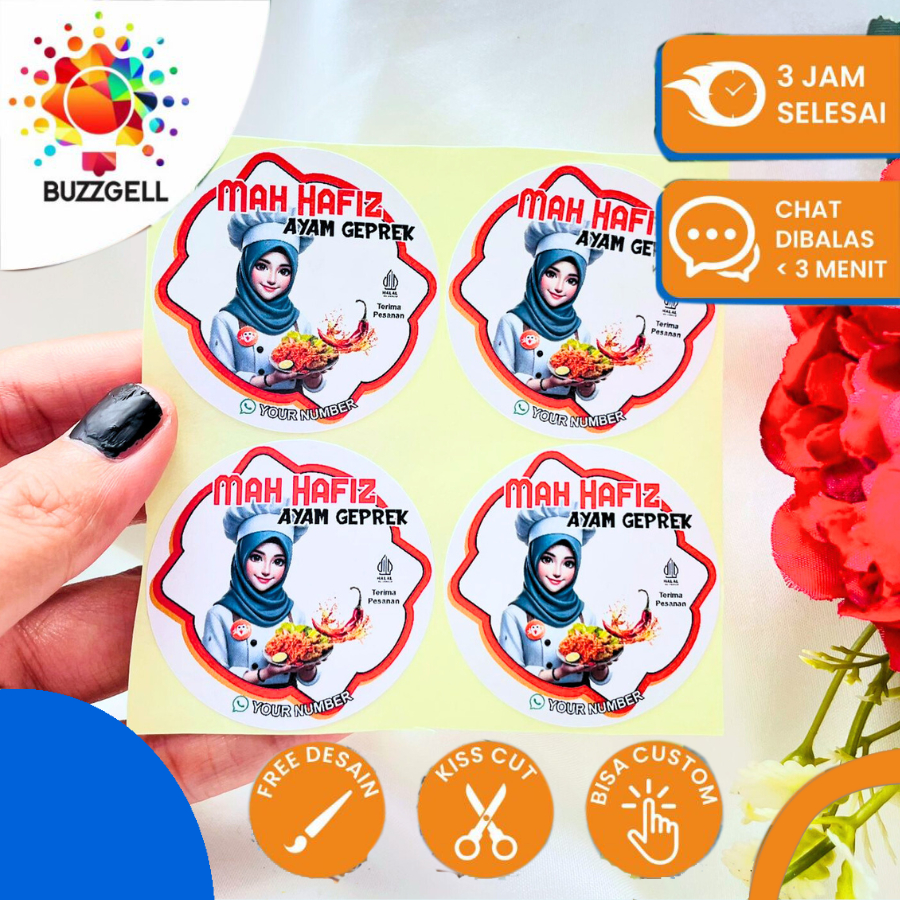 2-4 Buzzgell Sticker Bulat Edisi Makanan Box Catering Ayam Geprek Bahan Chromo Free Desain Uk.Kecil