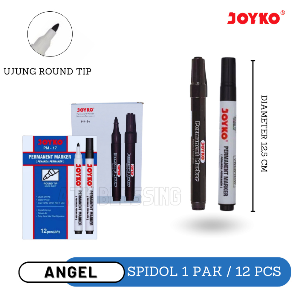 

[ 1 PAK 12 PCS ] Permanent Marker Spidol Permanen Round Tip Joyko Refillable / Spidol Permanen Dual Tip PM 17-19 / Cod / Atk Blessing