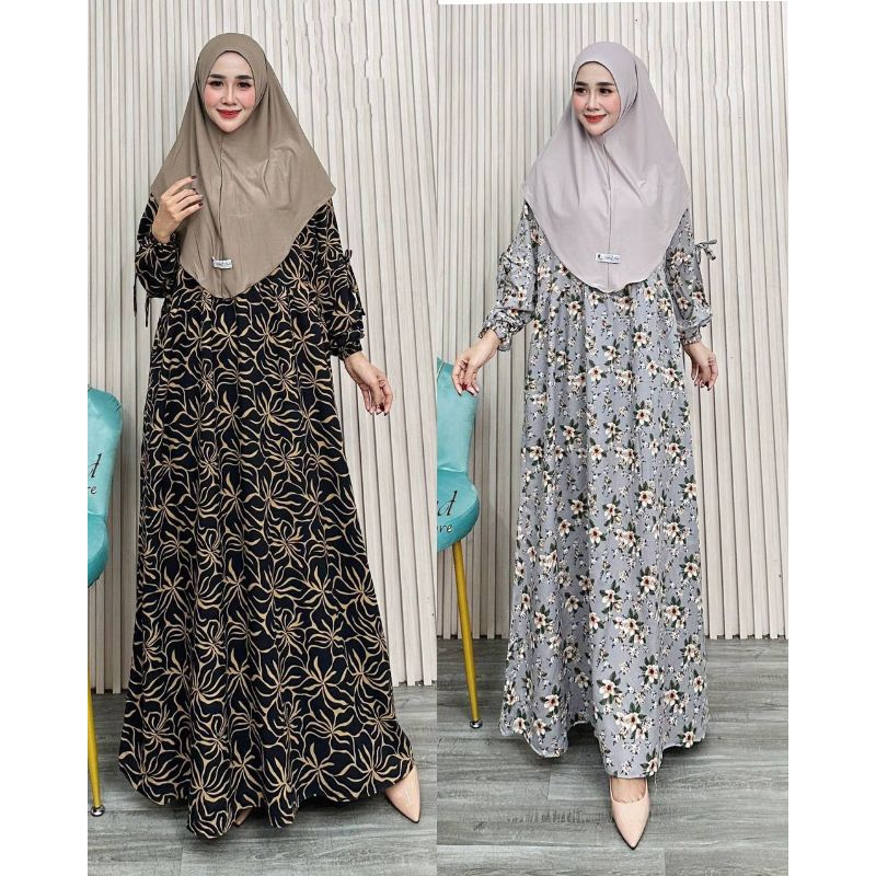 Gamis Set Hijab kekinian Rayon Diamond LD 110cm Lengan Balon Busui friendly