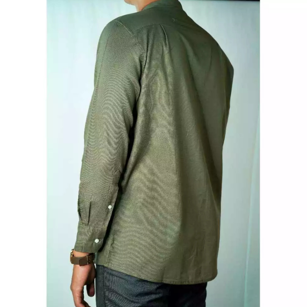 WD & Co. Baju Koko Pria Lengan Panjang Hijau Olive/Olive Green Polos | Kemeja Koko