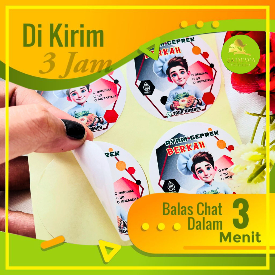 

2-4 Cetak Sticker Sadewa Label Makanan Stiker Catering Ayam Geprek Chromo Uk.Kecil Free Desain Murah