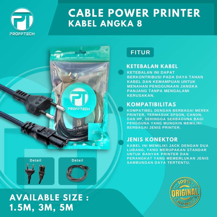 Kabel Power Printer 3 Meter Kabel Angka 8. Garansi 2 Thn Profftech