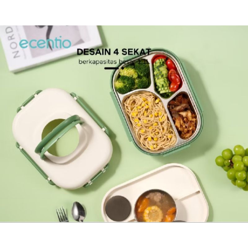 Ecentio 4 Sekat Kotak Makan Set 1100ml anti tumpah Lunch Box Stainlessì