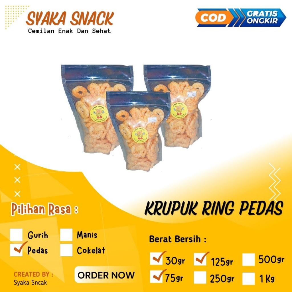 

Cemilan Kerupuk Ring Ikan Pedas Gurih - Ring Pedas - Kemasan Kecil