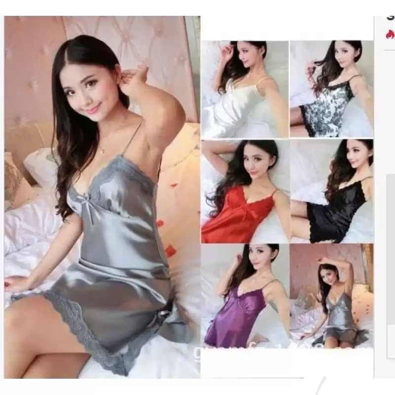 Brasay Lingerie Dress Satin Mini Deep V Silk Baju Tidur