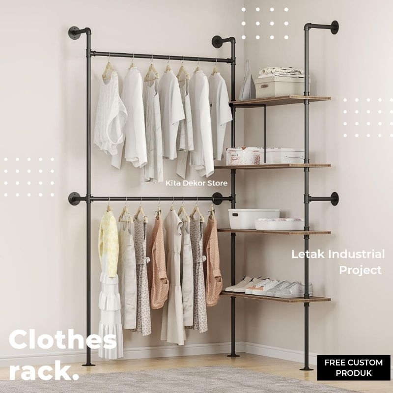 Rak Baju Kain Letak Industrial Project / Clothes Rack Pipe Industrial / Rak Display Pakaian / Rak Su