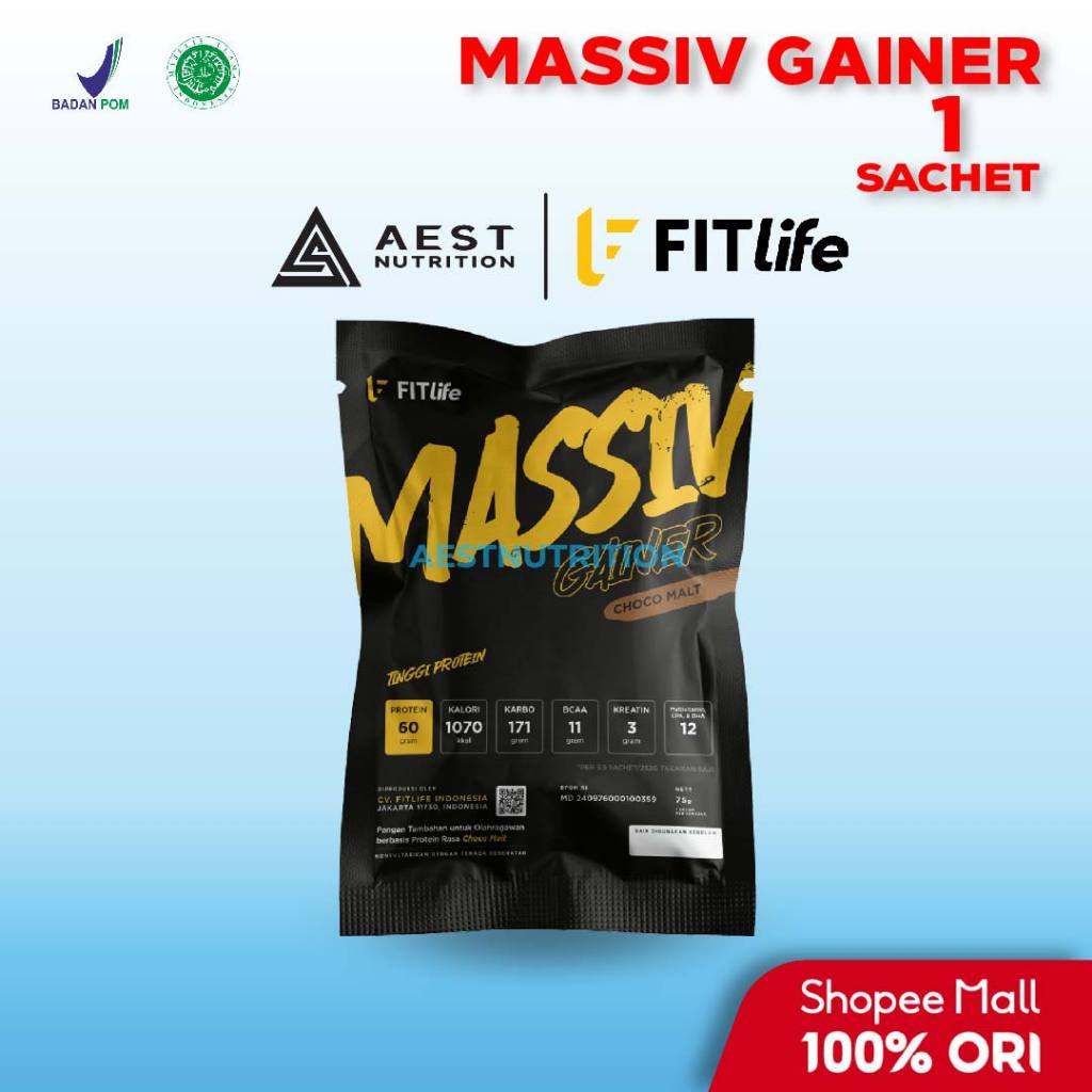 Fitlife Massiv Gainer 75 gram Sachet Susu Protein Tinggi Kalori Supplement Fitness