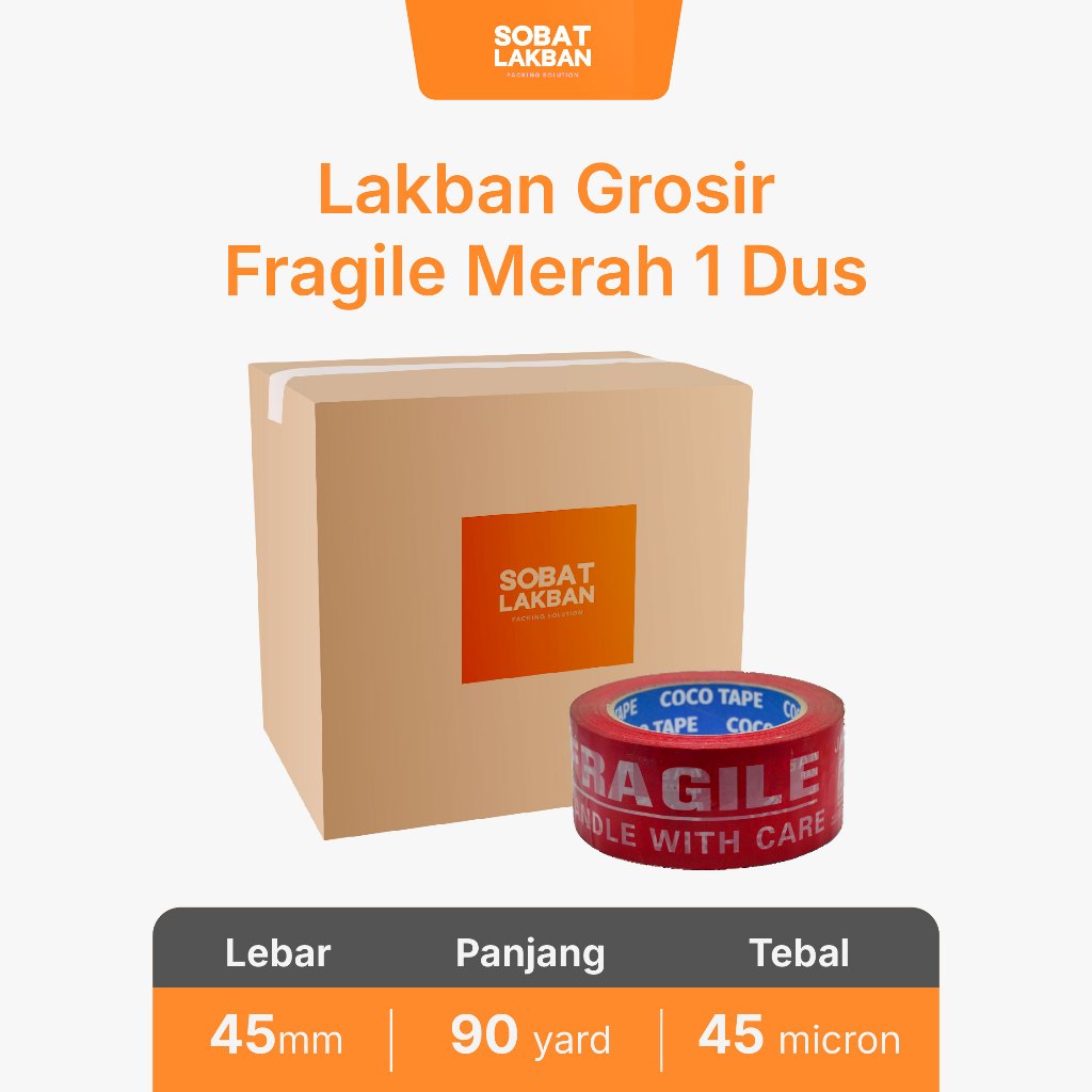 

Lakban Grosir Fragile Merah Coco Tape 100 Yard 1 Dus