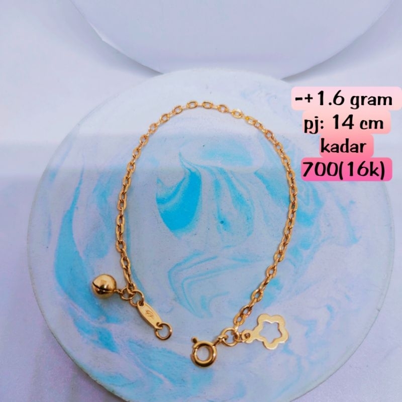 gelang tangan emas anak model rantai norri kelincingan 1 bola 1 rose.mas kadar 700(16k)