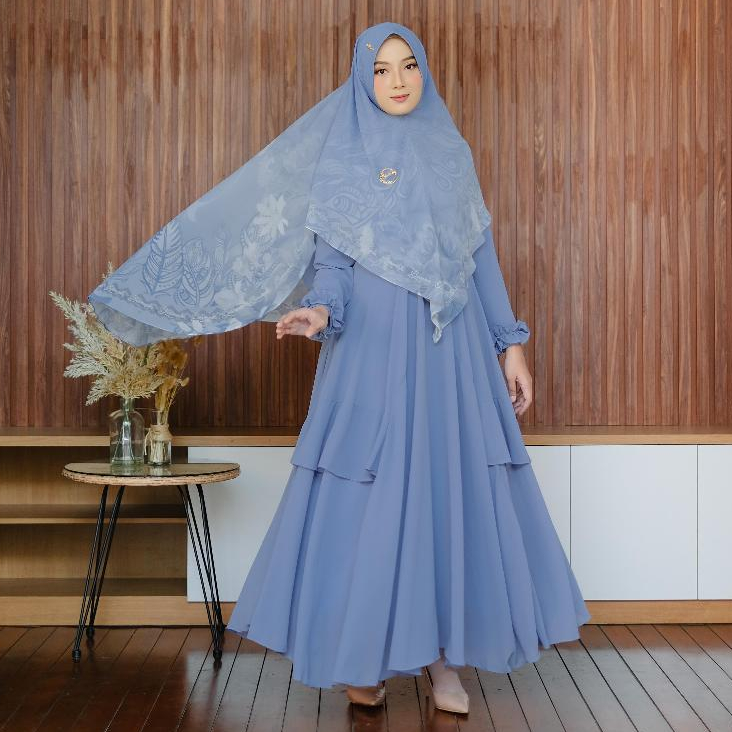 BERMERKS SYARI | LUNA LULA Gamis Wanita Set Hijab Motif Bunga Ceruty Babydoll Premium  All Size