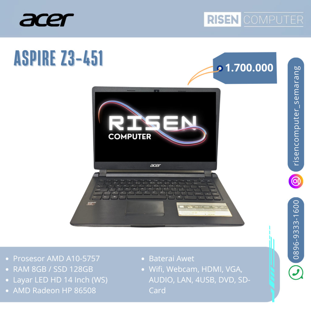 Second LAPTOP  ACER ASPIRE Z3-451 AMD A10 5757 RAM 8GB SSD 128GB Notebook 14inch Seken Bekas