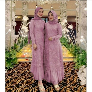Gamis Brokat Abu-Abu Ungu Big size Jumbo / Gamis Tille Mutiara Full Brokat Pesta Kondangan Mewah