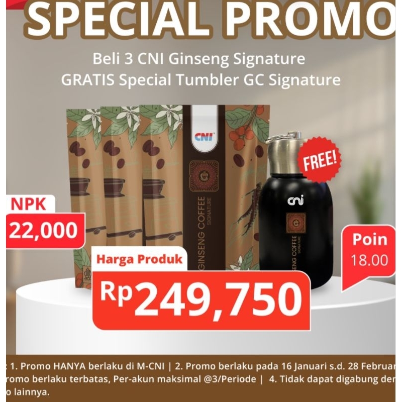 

CNI GINSENG KOPI SIGNATURE isi 10 sachet ( beli 3 bungkus free tumbler)