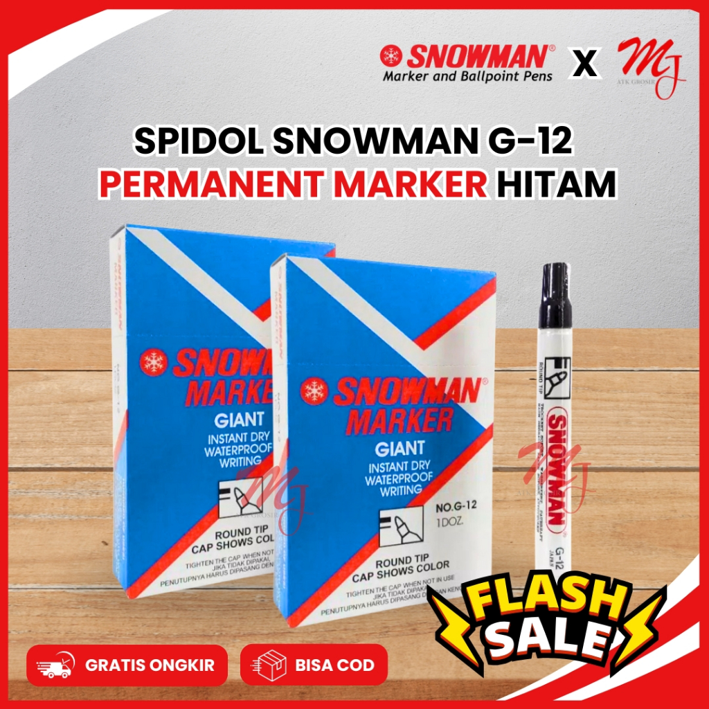 

(12 pcs) Spidol Papan Tulis Permanent Hitam / Boardmarker Snowman G-12