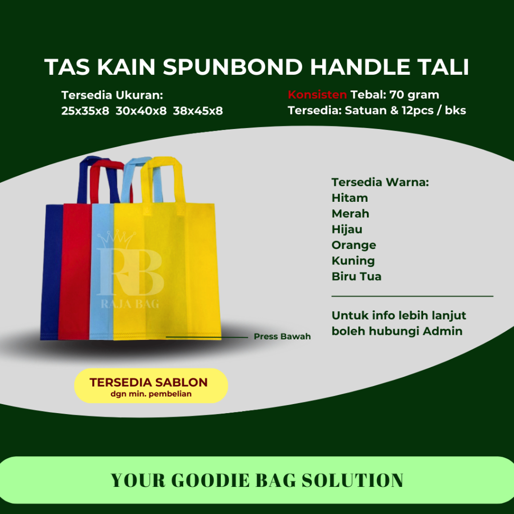 

Goodie Bag Tas Belanja Spunbond 12pcs Model Handel Tali Ukuran 25x35 30x40 38x45 Kantong Kain Souvenir