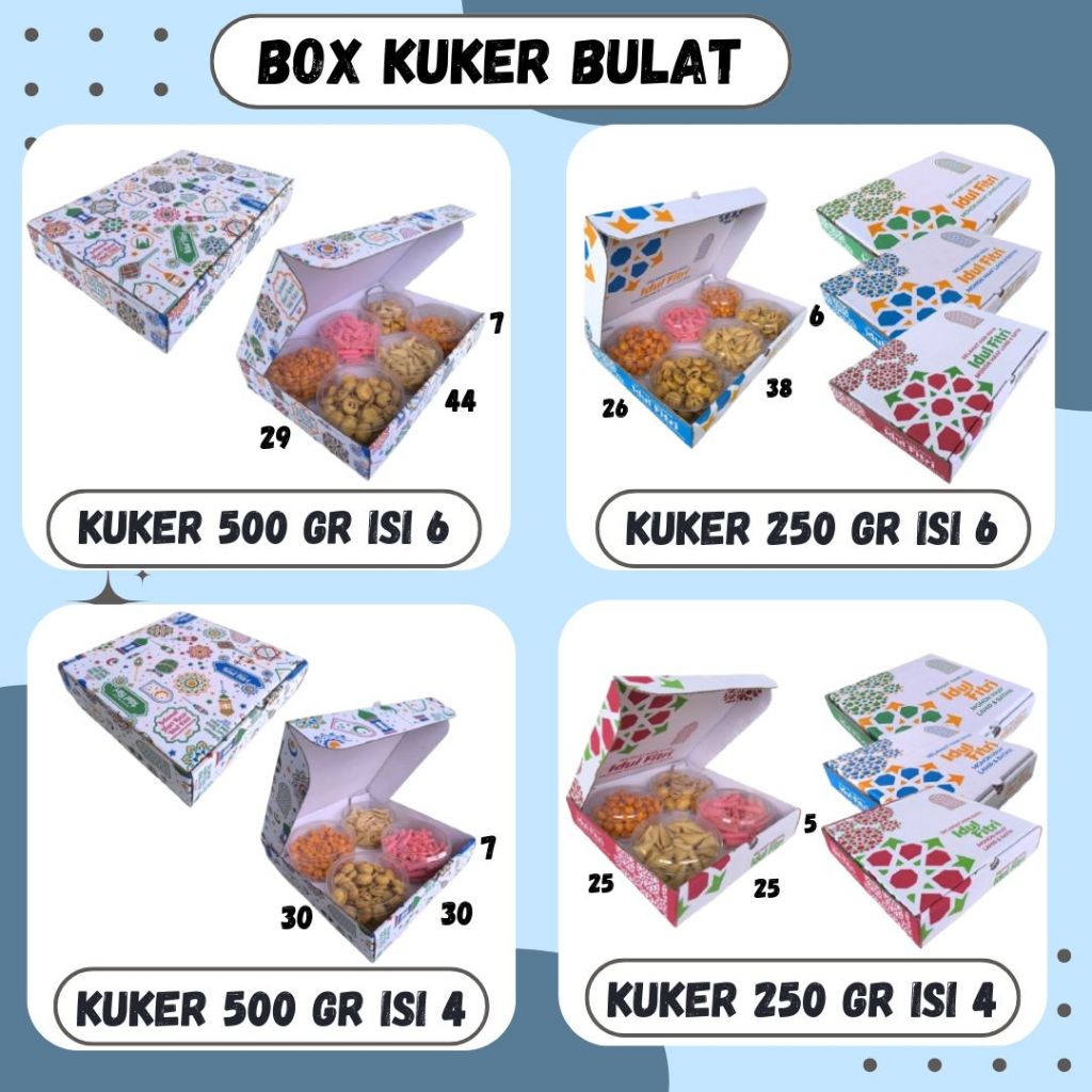 

Box Kuker Bulat 250gr/500gr Isi 6/4 44x29x7 / 30x30x7 / 38x26x6 / 25x25x5 Lipat Depan Kue Kering Polos/ Motif Hampers Kuker | Jersey / Kue Kering Kardus Packing Packing Polos/Motif/Hampers Lebaran Idul Fitri