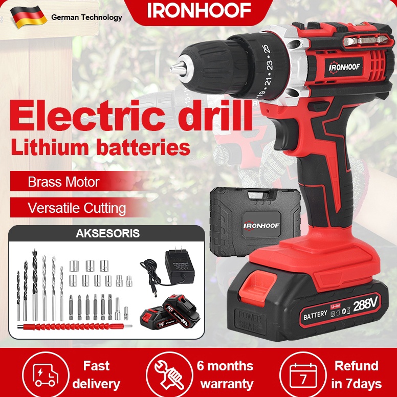 Terbaik IRONHOOF Bor Listrik 88V288V Mesin Bor 13mm Bor Tanpa kabel 288V Set Lengkap Untuk dinding b