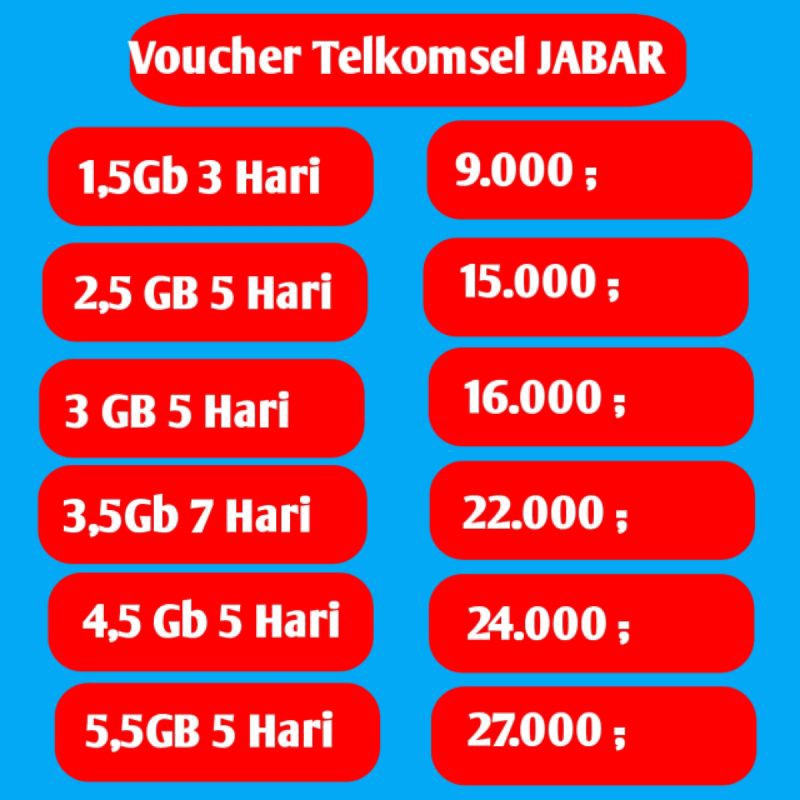 Voucher Telkomsel l Jawa barat 1,5gb,2,5gb,3,5g, 4,5gb ,5,5gb
