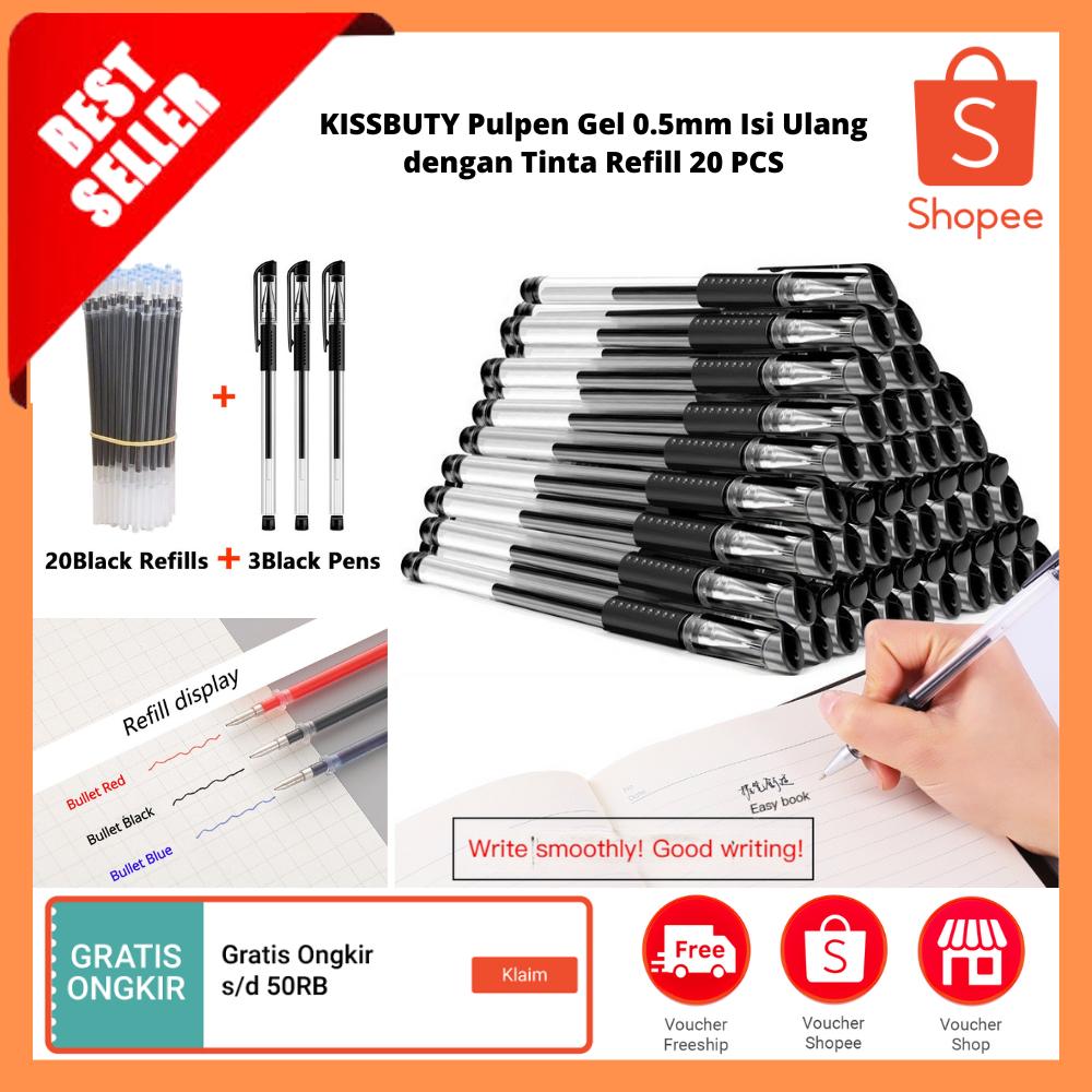 

Pulpen Gel 0.5mm Isi Ulang dengan Tinta Refill 20PCS / pulpen bolpoin tinta hitam perlengkapan tulis