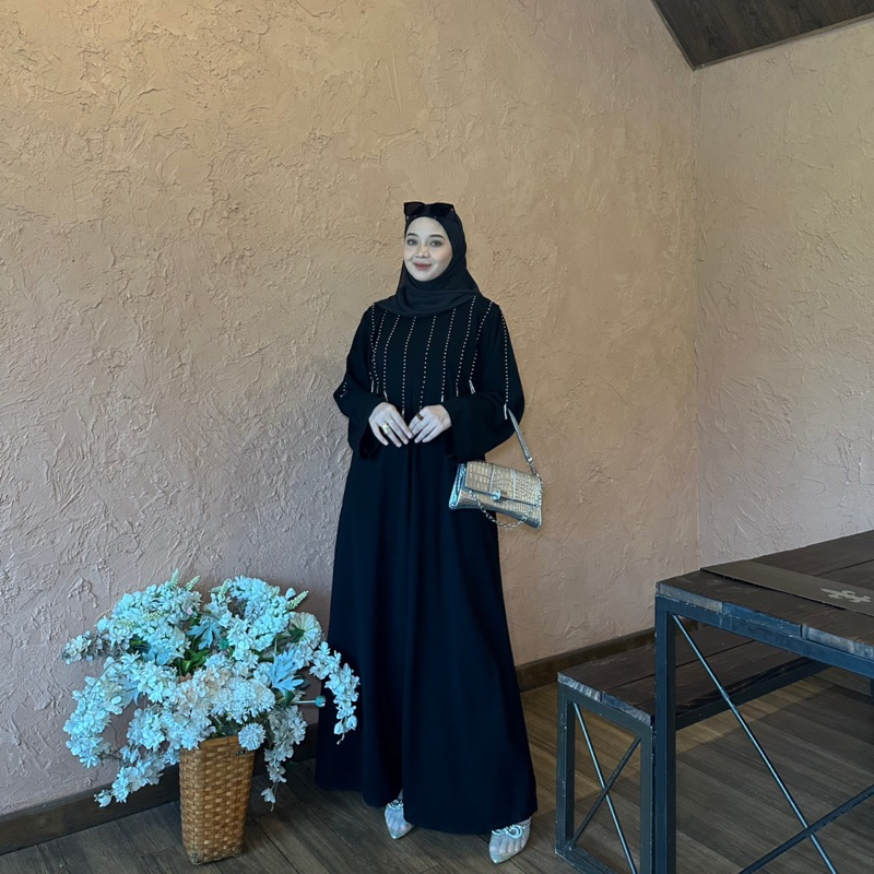 BIG PROMO Abaya Elisa Jetblack Mutiara Rumbai Dada Busui Dewasa Muslim Arab Wanita Gamis Maxi Hitam