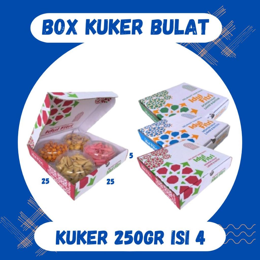 

Kardus Kuker 25x25x5 LD Kue Kering Toples 250 gr isi 4 Toples Box Ied Mubarok Dus Idul Fitri Lebaran Packing Kotak Kemasan Pizza Polos/Motif