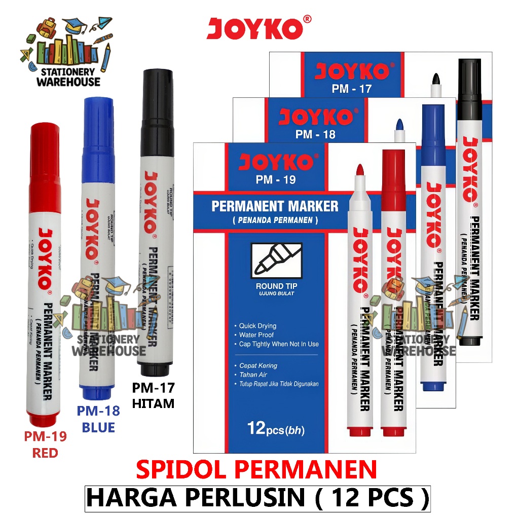 

Joyko Permanent Marker PM-17 PM-18 PM-19 1 LUSIN Spidol Permanen Round Tip Black Blue Red