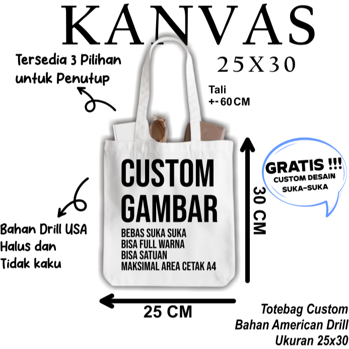 Totebag Custom Kanvas Putih Premium 25 X 30 CM - Totebag Resleting - Totebag Custom Satuan