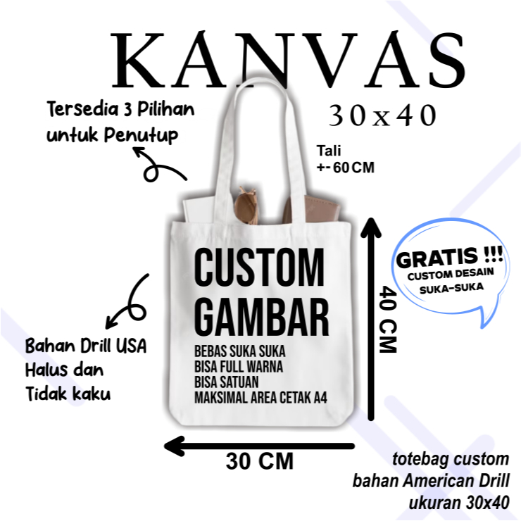 Totebag Custom Kanvas Putih Premium 30 X 40 CM - Totebag Resleting - Totebag Custom Satuan