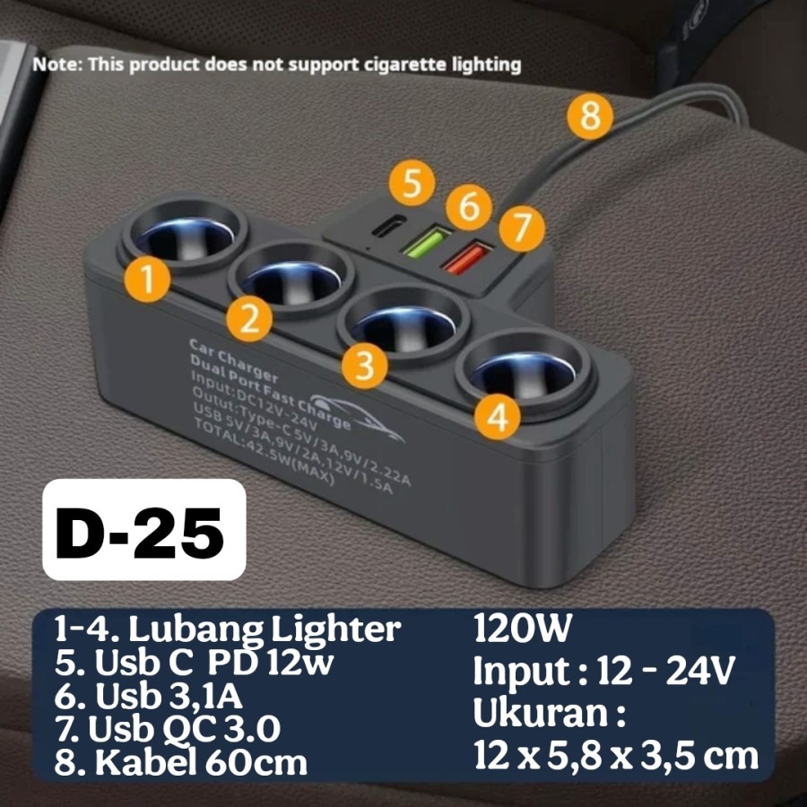 Socket Lighter Mobil Extension 120W USB C Fast Charger QC3.0 Splitter Lighter