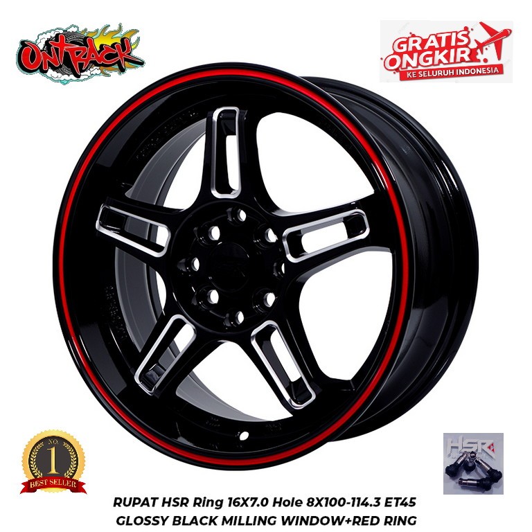 Onpack Rantai HSR 16X7.0 ET45 Glossy Black Milling Window+Red Ring