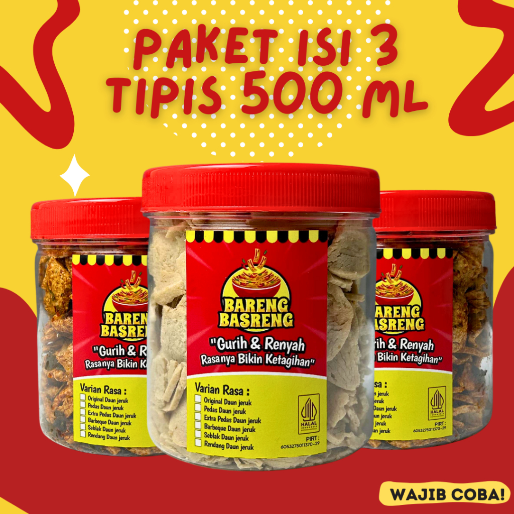 

Paket Basreng 500 ml Toples Isi 3 Original Pedas dan Extra Camilan Jajanan Snack Basreng original Pedas Daun jeruk