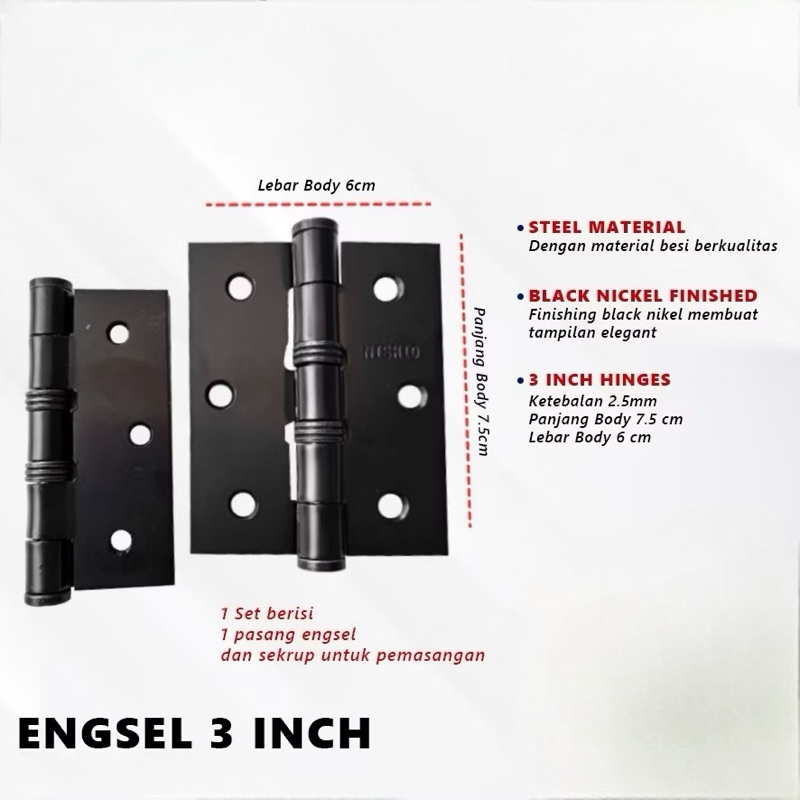 Engsel Pintu Rumah Jendela Besi Esel Ensel Hitam Kamar Mandi 3 Inch