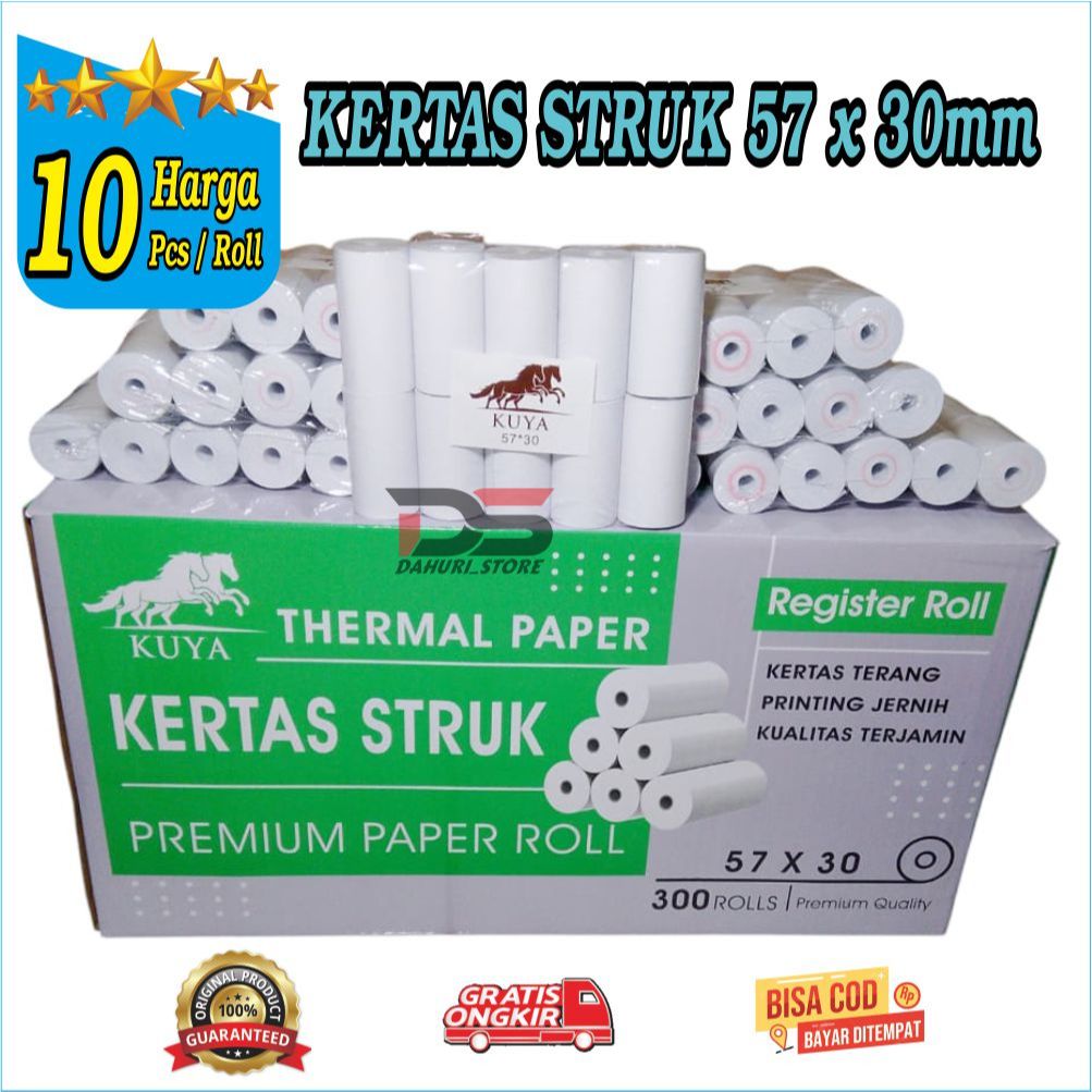 

Kertas Kasir Struk Paper Roll Termal 57x30mm, KERTAS KASIR KUYA 57x30,KERTAS STRUK THERMAL EDC 57x30