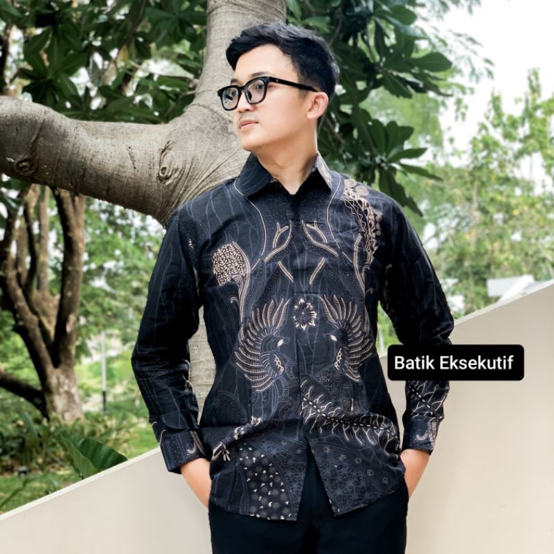 ELEGANT HITAM Batik Slimfit Baju Batik pria modern slimfit Batik Pria Lengan Panjang slim fit baju b
