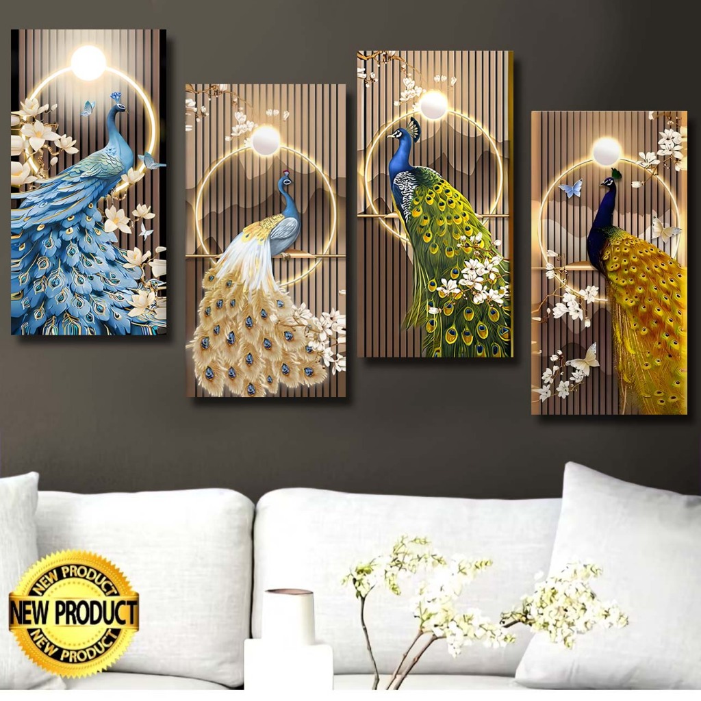 Hiasan Dinding 3D Burung Merak Realistik Walldecor Ruang Tamu Tema 3D Lampu Emas Aesthetic